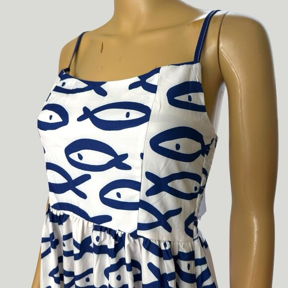 Women Fit & Flare Dress Size S Print Fish Blue Blue White Square Neck Sleeveless - Picture 5 of 8